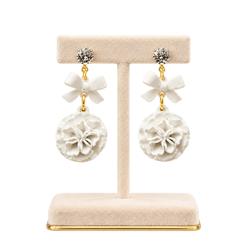 Shey M. Shop Ivory Bow Blossom White Flower Drop Earrings 1