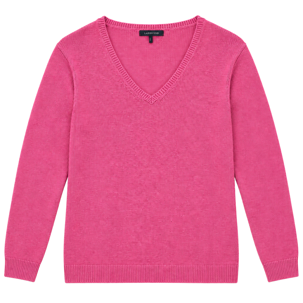 Lands End Women's Shaker Knit V Neck Sweater, Pink size L 1