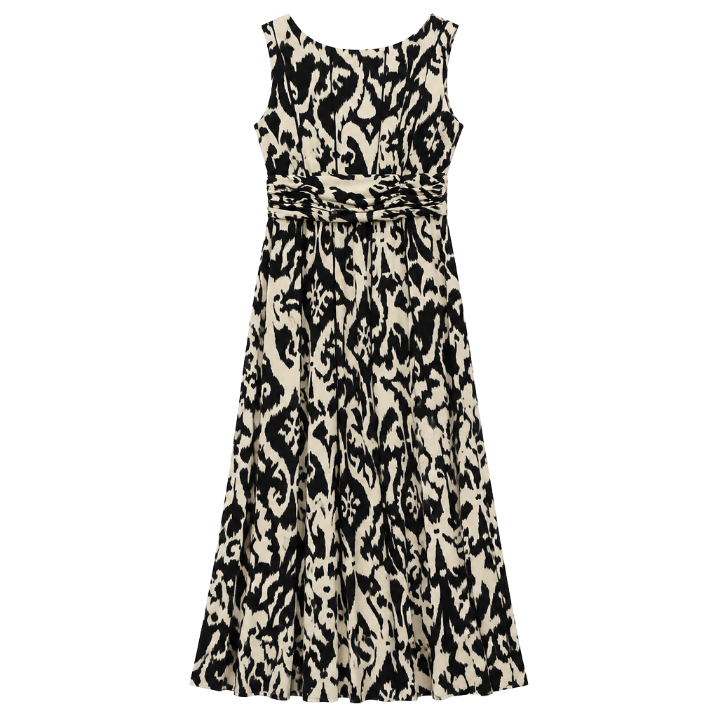 Perceptions New York Black and Beige Ikat Print Ruched Waist Maxi Dress Size L 1