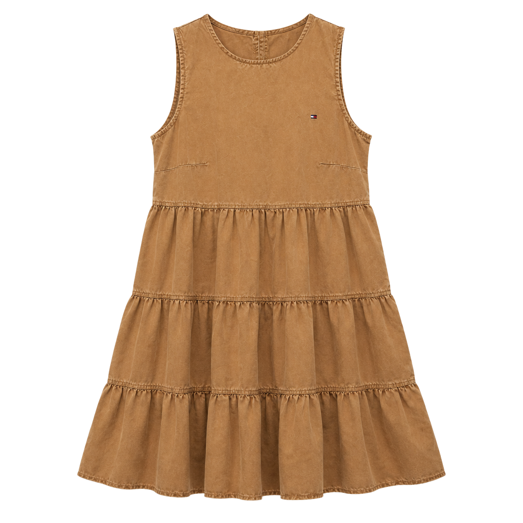 Tommy Hilfiger Tiered Dress Oversized Size 2 Tan Tencel Sleeveless Ruffle 1