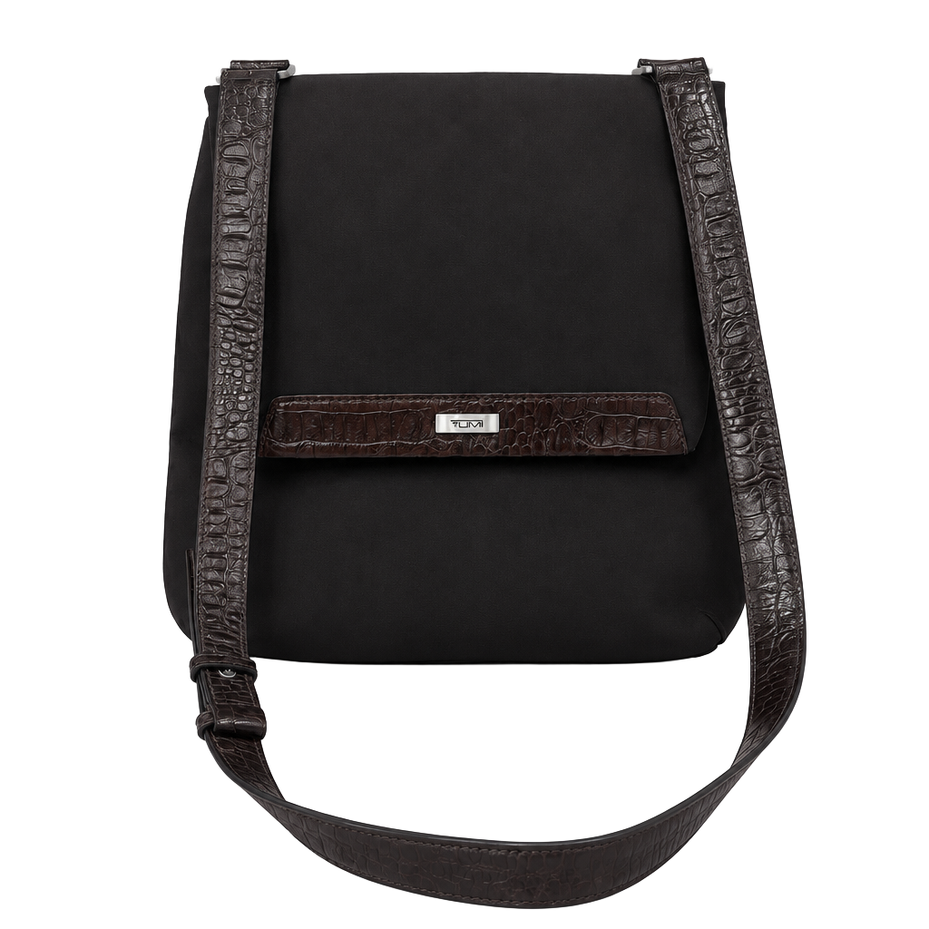 Tumi Brown Nylon Crossbody Shoulder Bag Crocodile Embossed Leather 1