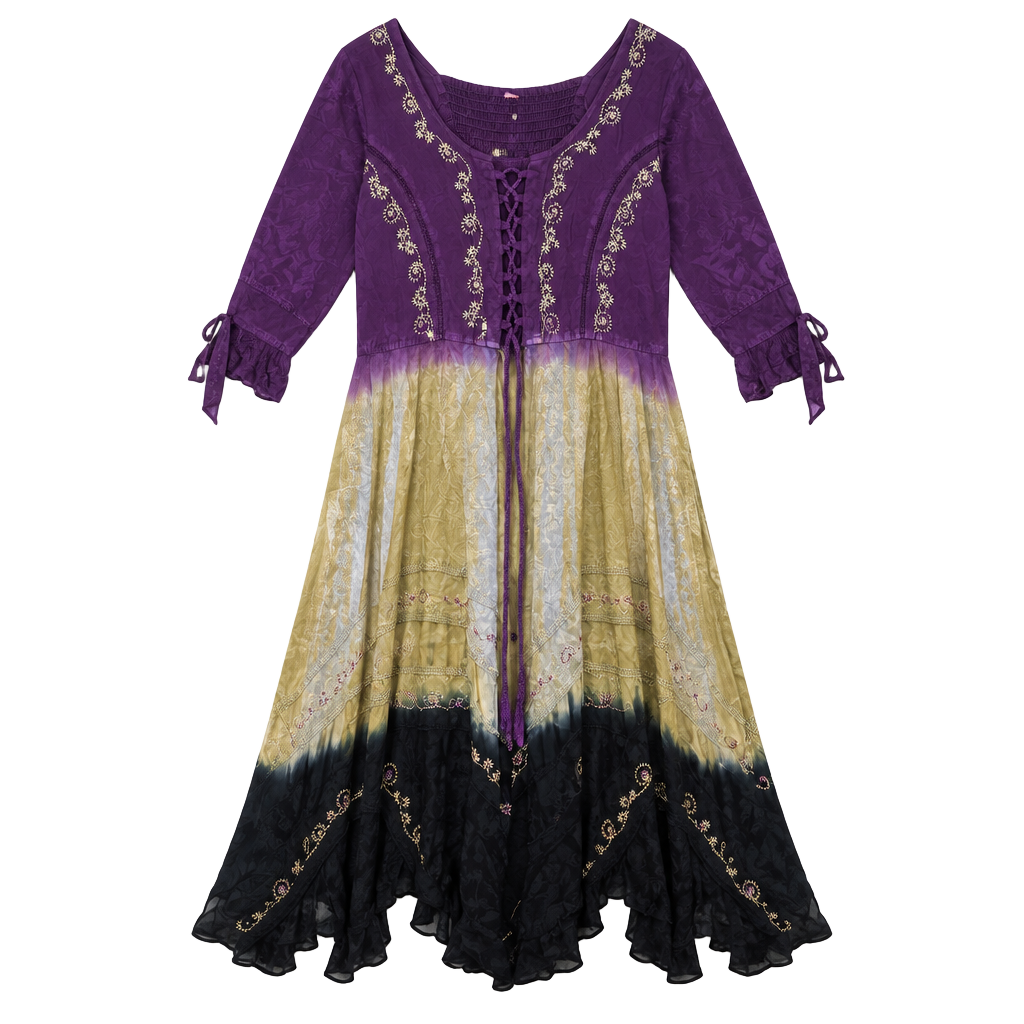 Boho Embroidered Tie-Front Dress Festival Medieval Renaissance Free Size 1