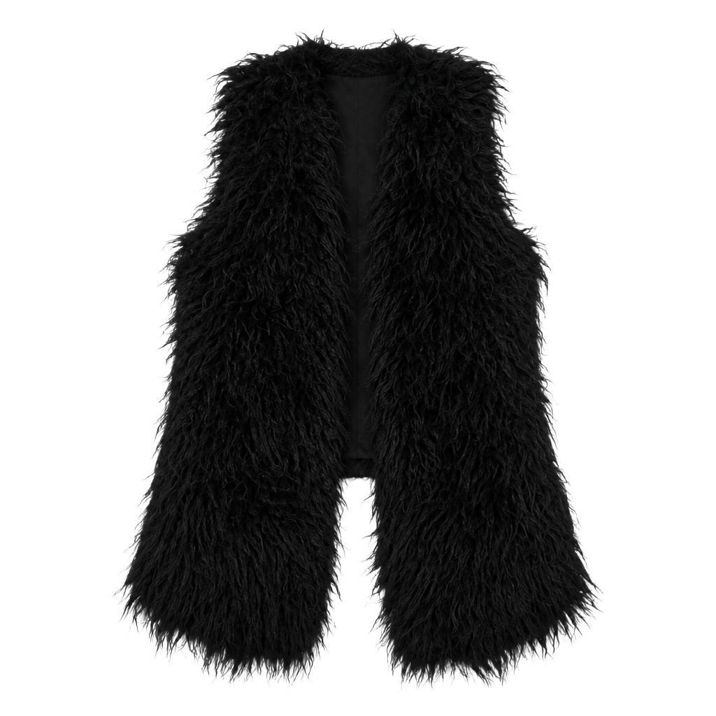 Cabi Faux Fur Vest Size M Black Shag Trim Open Front 1