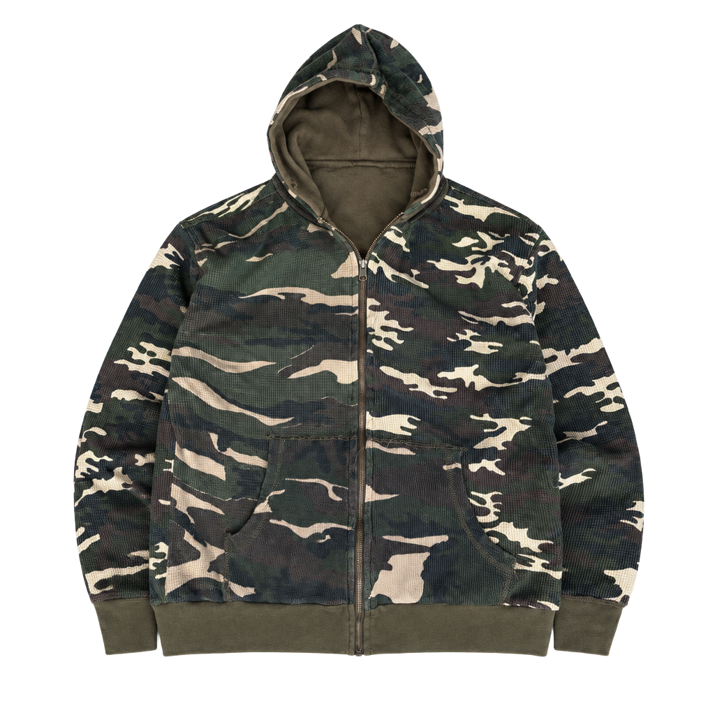Vintage Reversible Camouflage Thermal Zip Up Hoodie Olive Green 1