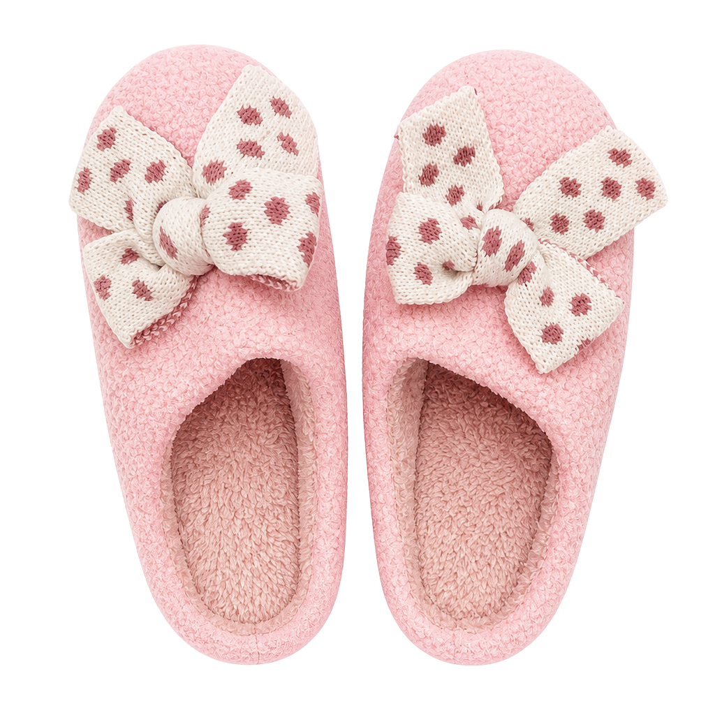 Unbranded Polka Dot Bow Fuzzy Slippers Size 10 Pink House Shoes 1