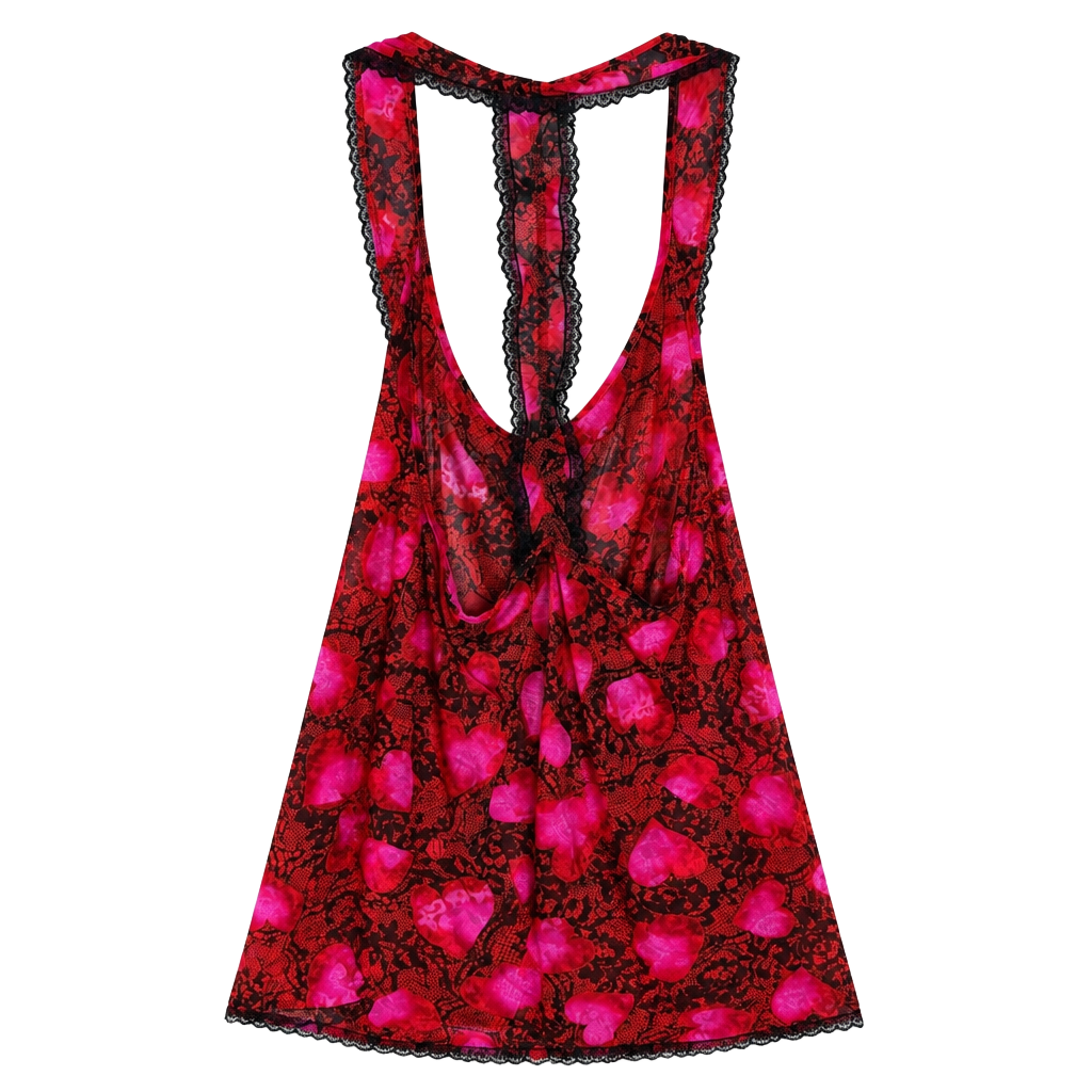 Vintage Y2K Secret Treasures Mesh Heart Print Lingerie Babydoll Dress 1