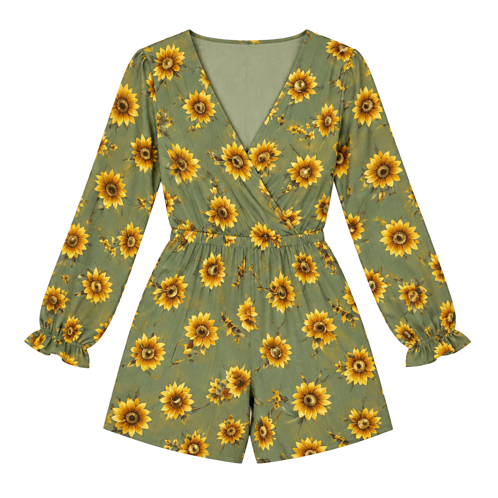 Forever 21 Sunflower Romper Size S Long Sleeve Green Floral 1