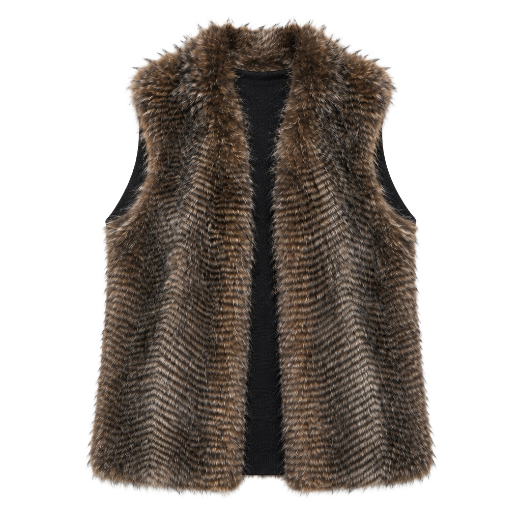 Glamsia Faux Fur Vest Size XLARGE Brown Striped Open Front 1