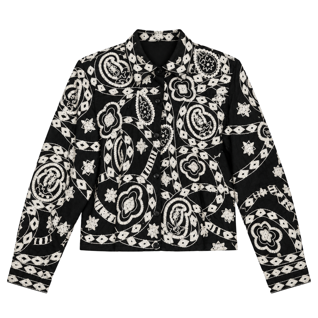 Vintage Beaded Silk Jacket Black White Floral Size L 1
