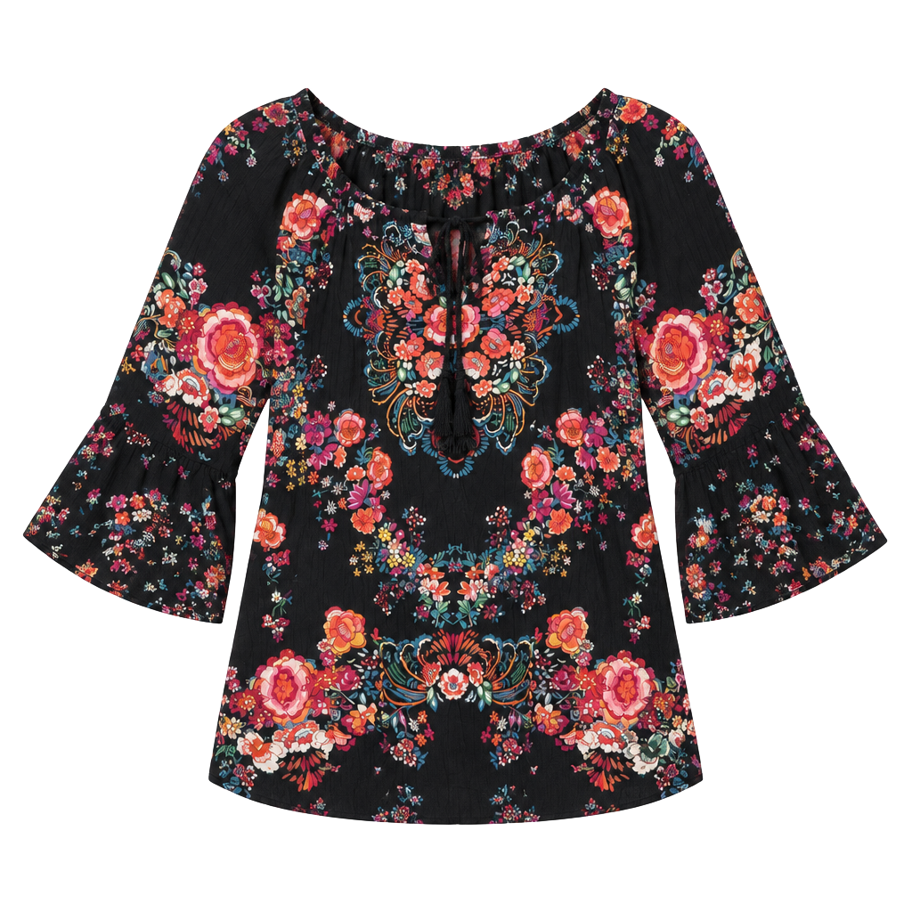 Bila Bohemian Floral Peasant Blouse Size L Black Tassel Rayon 1
