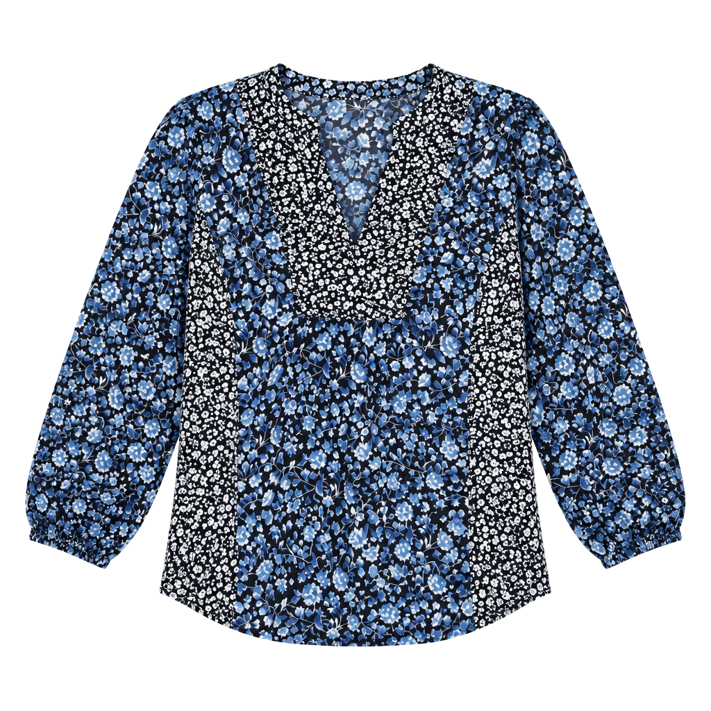 Chaps Denim Floral Blouse Size XL Blue Black Split Neck Long Sleeve 1