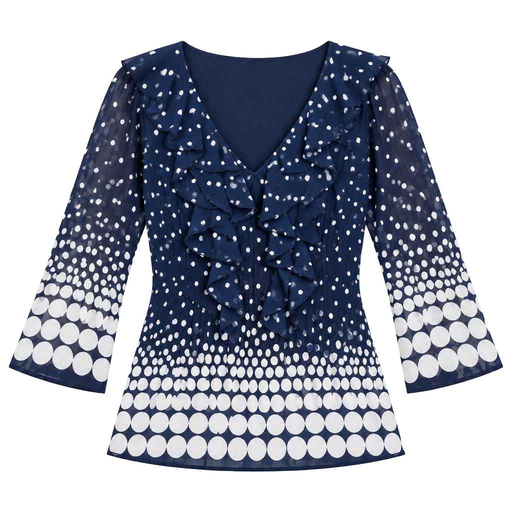 Nue Options Blouse Size L Blue White Polka Dot Ruffle Pleated 1
