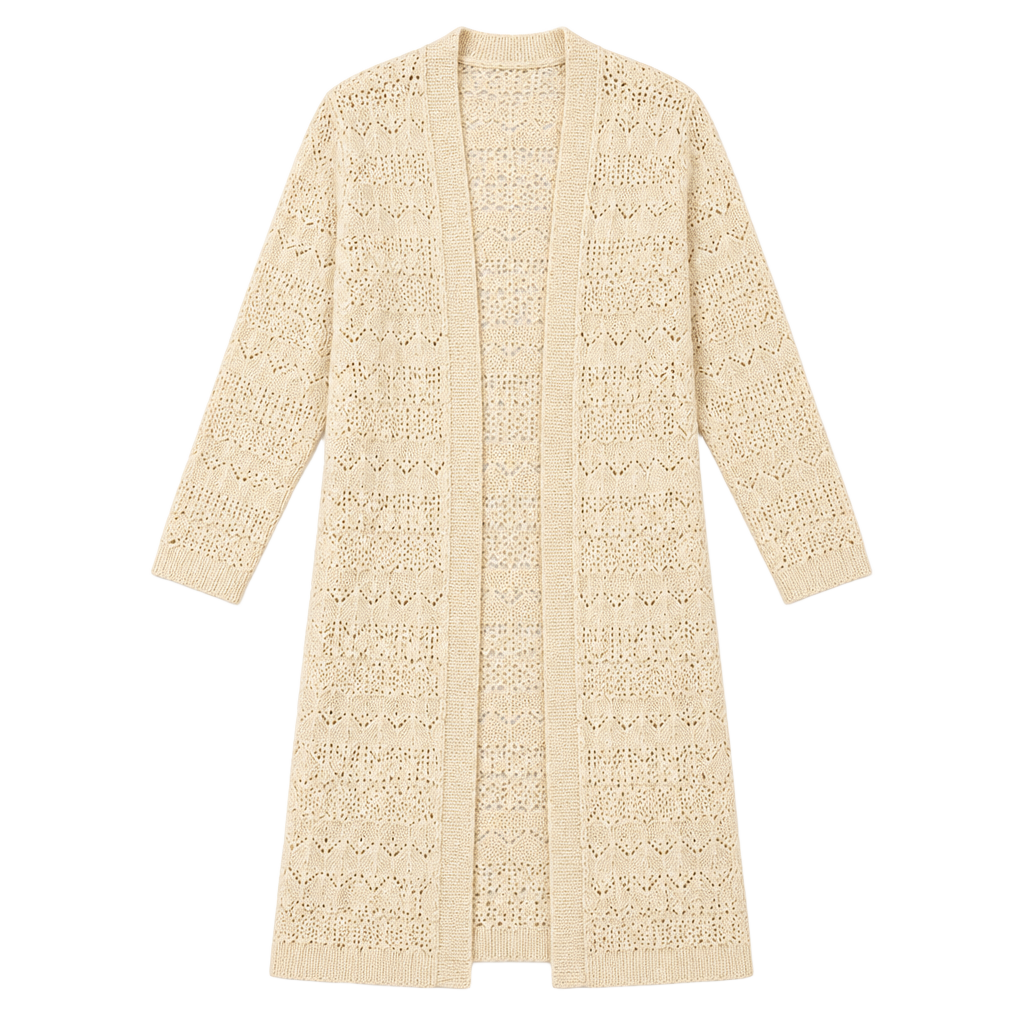 Miami Long Cardigan Size L Beige Open Front Knit Sweater 1