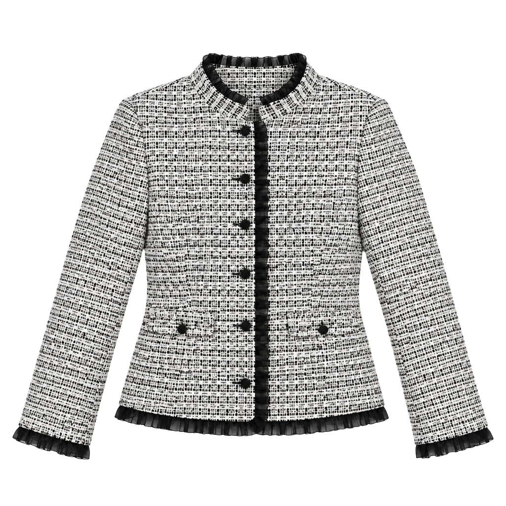 Maggie Sweet Tweed Jacket Size Medium Black Cream Ruffle Trim 1