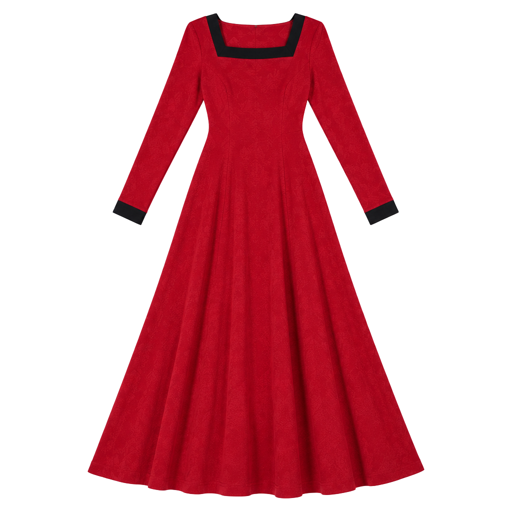CGR Long Sleeve Fit and Flare Midi Dress Size M Red Black Trim 1