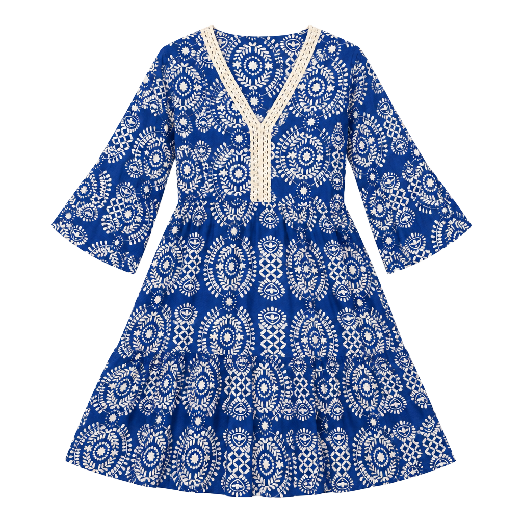 Saiph Dress Size M Blue White Printed Cotton Midi V-Neck Tiered 1