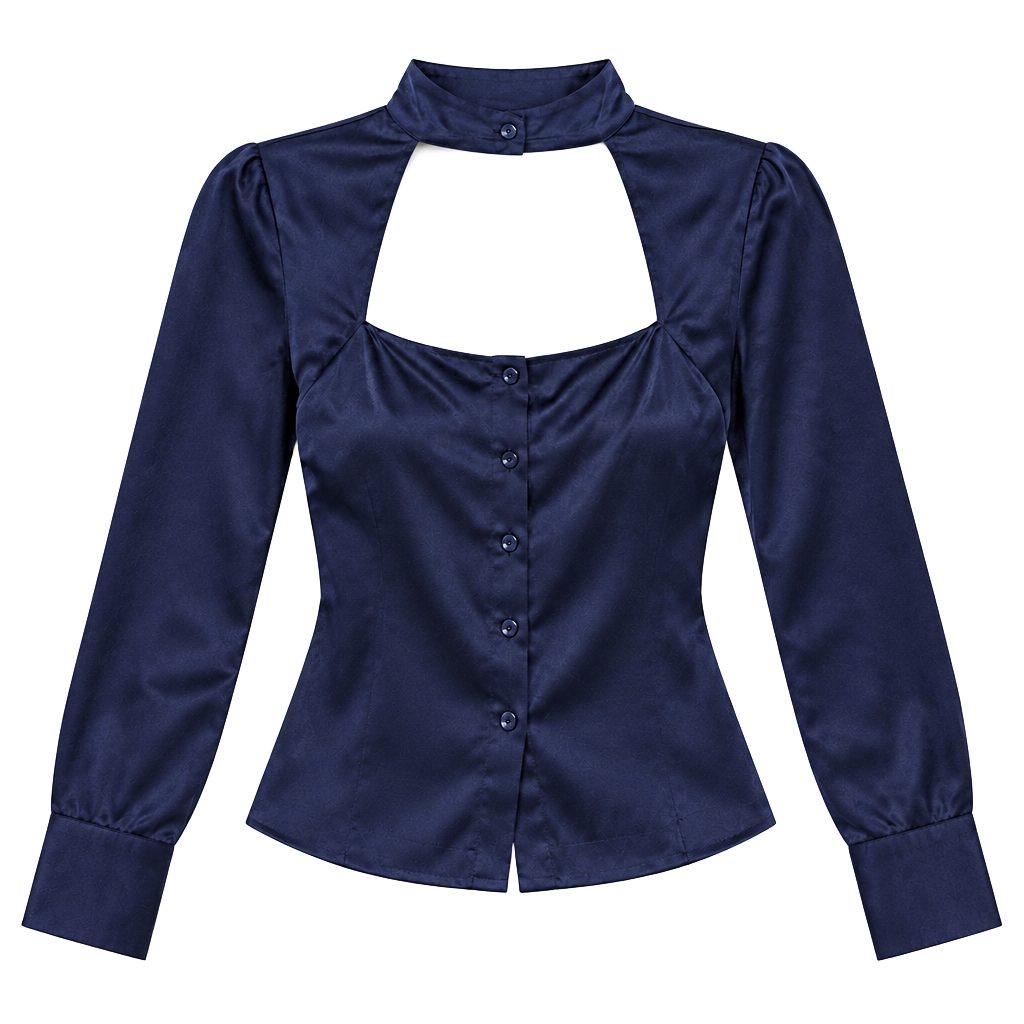 Fleur Du Mal Silk Choker Blouse Size 2 Navy Blue Long Sleeve Top 1