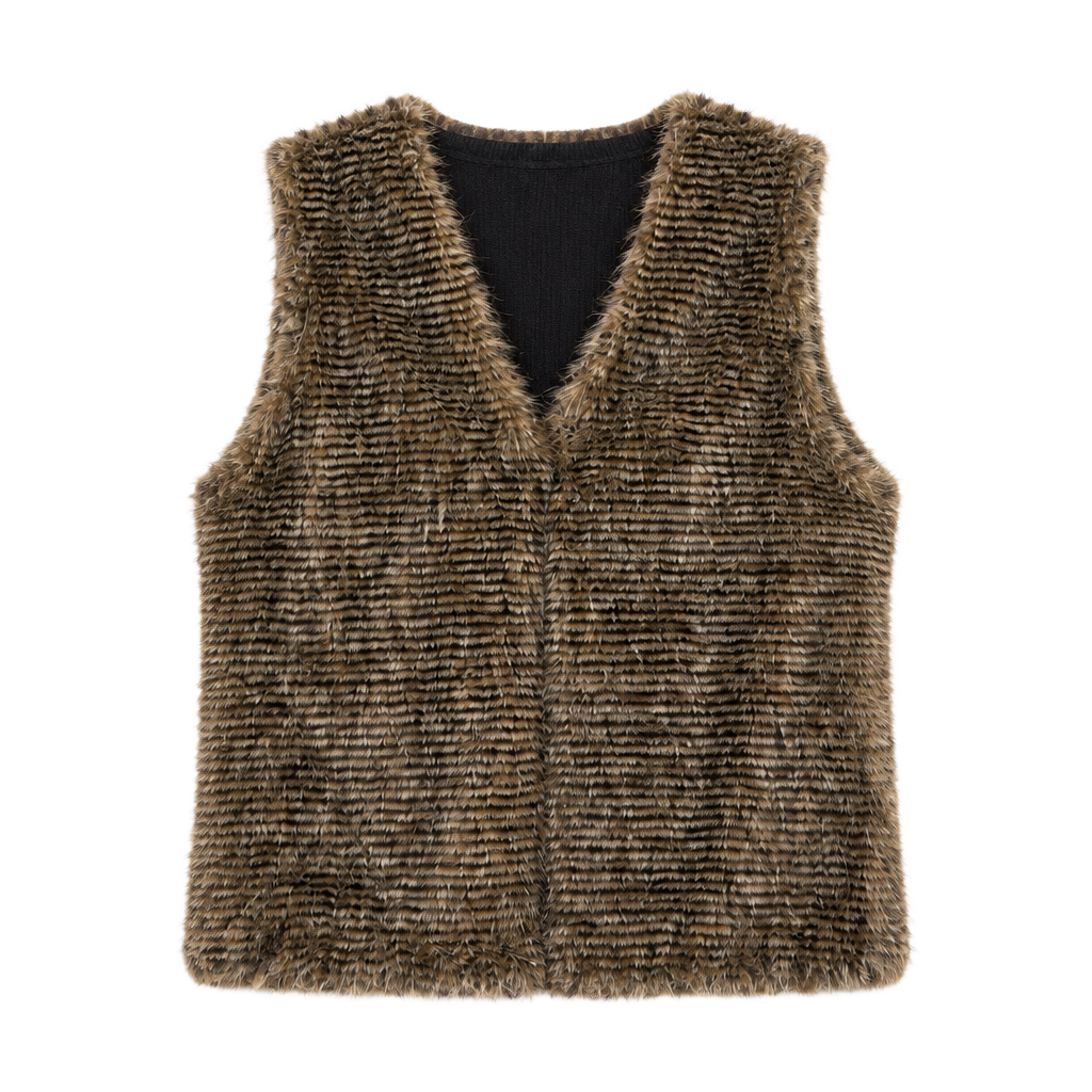 Faux Fur Vest Size L Brown Striped Sleeveless Open Front 1