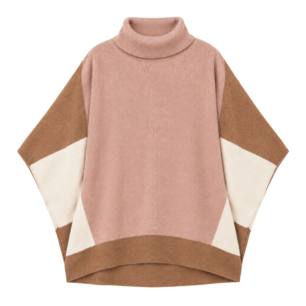 Anrabess Turtleneck Poncho Sweater Size L Colorblock Pink Brown White 1