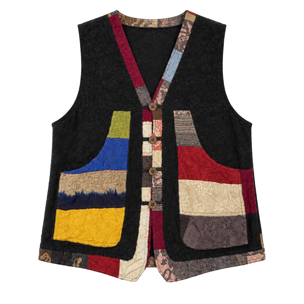 Unbranded Bohemian Patchwork Vest Black Multi Color Silk Brocade 1