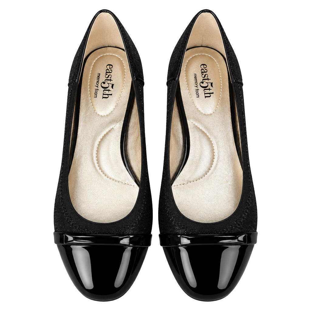 No.46 East 5th Memory Foam Wedge Heels Size 5 Black Patent Cap Toe 1