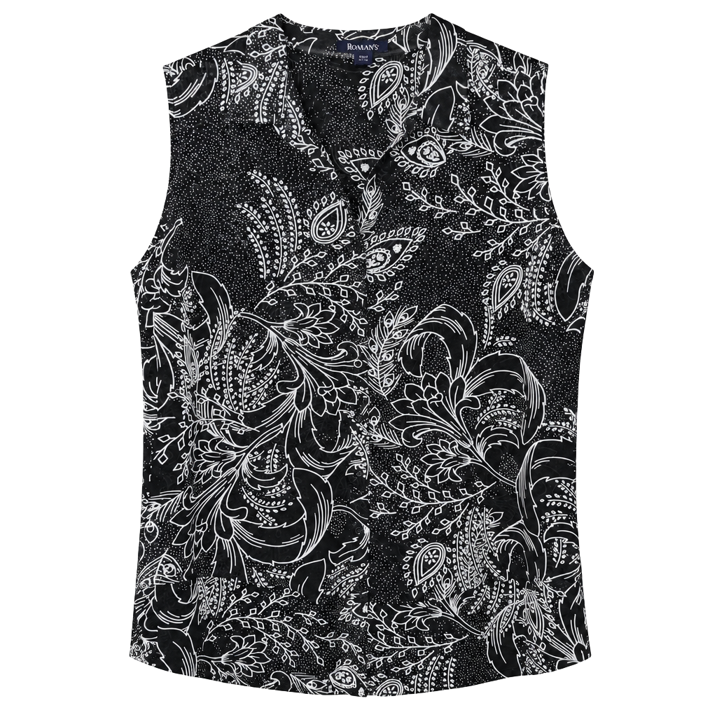 No.16 Roaman'S Sleeveless Blouse Size 24W Black White Floral Paisley Top 1