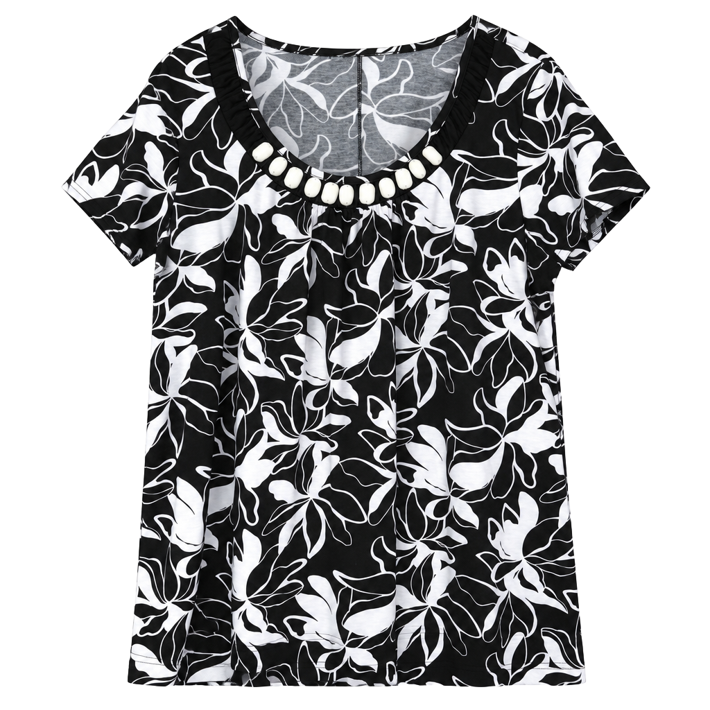 No.15 Woman Within Beaded Neck Floral Blouse Size 1X Black White 1