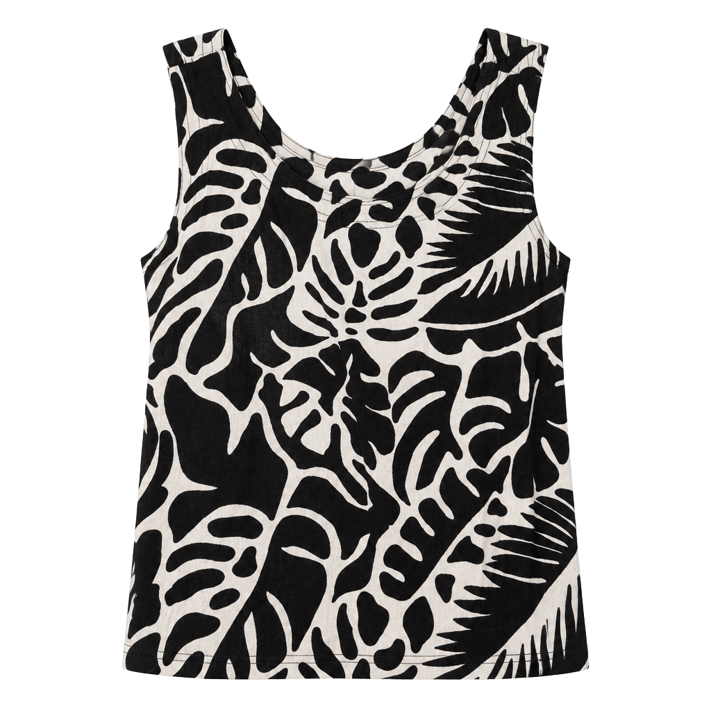 Rose + Olive Resort Tank Top Size L Black White Leaf Print Crop Smocked 1