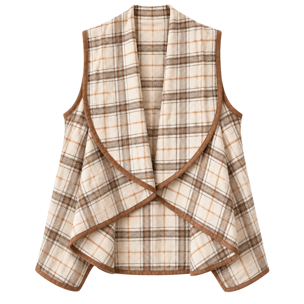 Luxology Plaid Waterfall Vest Size M Brown White Open Front Drape 1