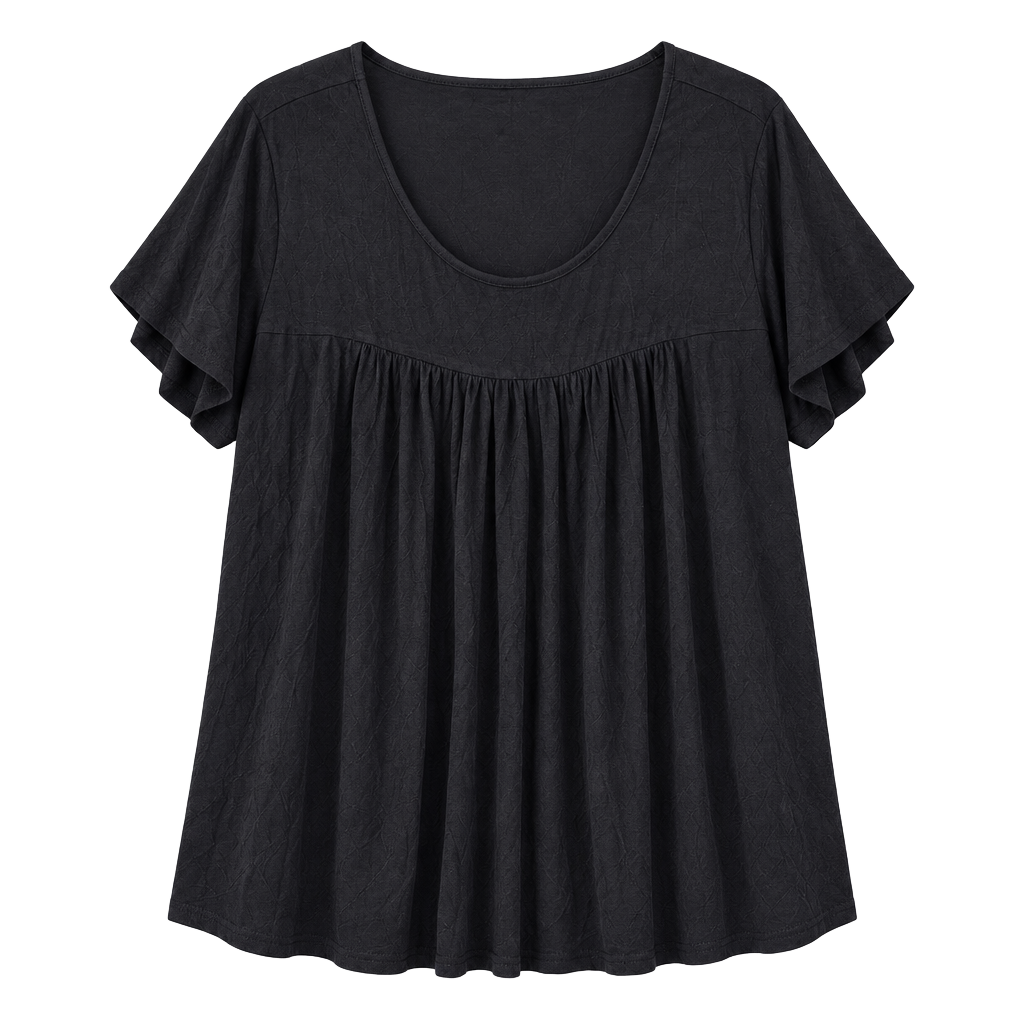 LONGUYAN Pleated Tunic Top Size 3XL Black Short Sleeve Scoop Neck 1