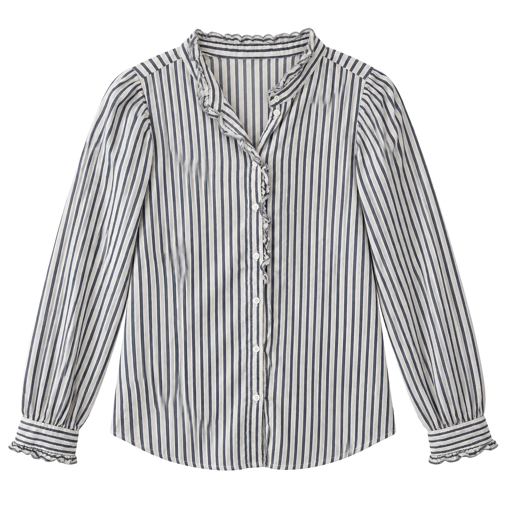 H&M Ruffle Collar Blouse Size M Blue White Striped Long Sleeve Shirt 1