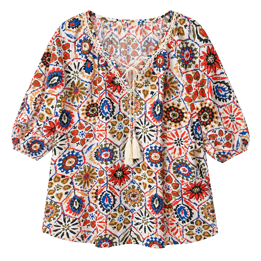 Vivilli Blouse Size XXL Multicolored Geometric Boho Tassel Peasant Top 1