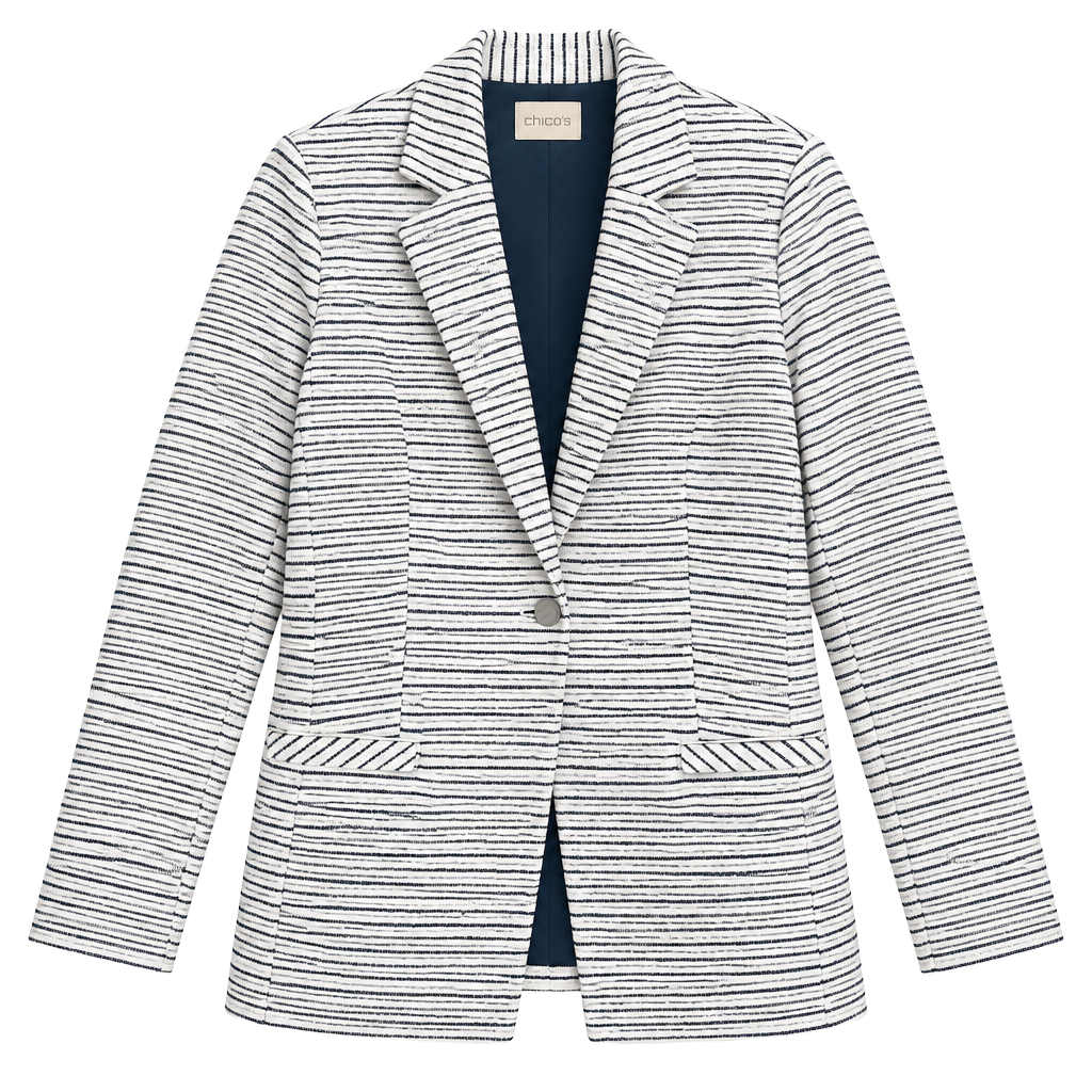 Chico's Striped Blazer Size 0 White Navy Blue One Button Jacket 1