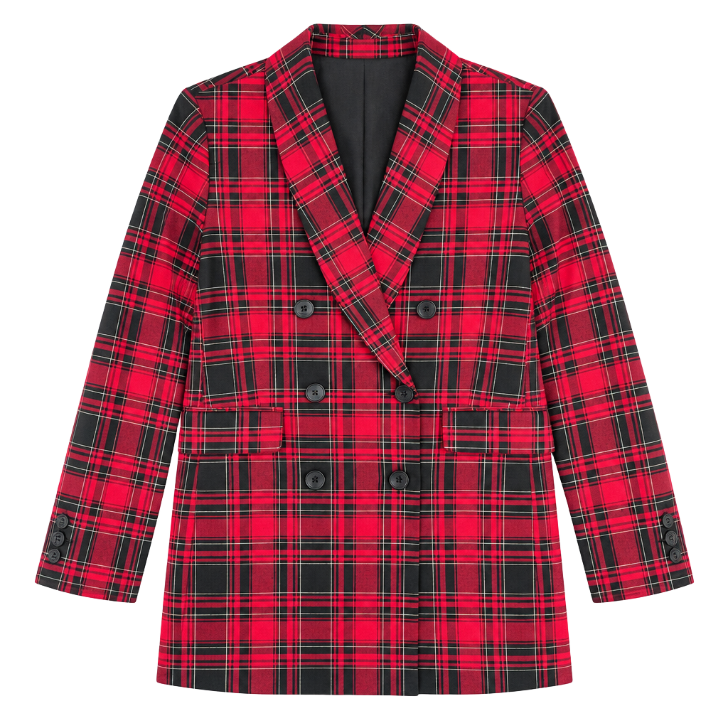 CeCe Plaid Double Breasted Blazer Size 8 Red Black 1