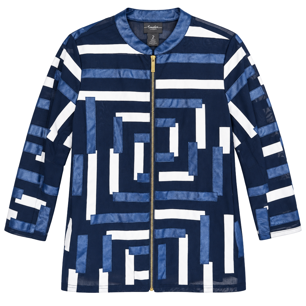 Chico's Travelers Faux Leather Trim Zip Jacket Size 2 Blue White 1