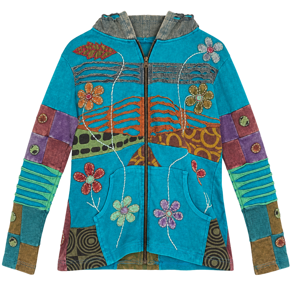 Rising International Patchwork Floral Zip Hoodie Size L Blue 1