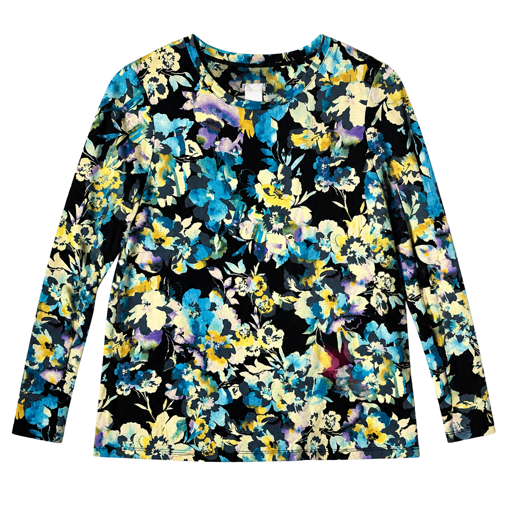 Chico's Blue and Yellow Floral Long Sleeve Knit Top Size 0 Small 1