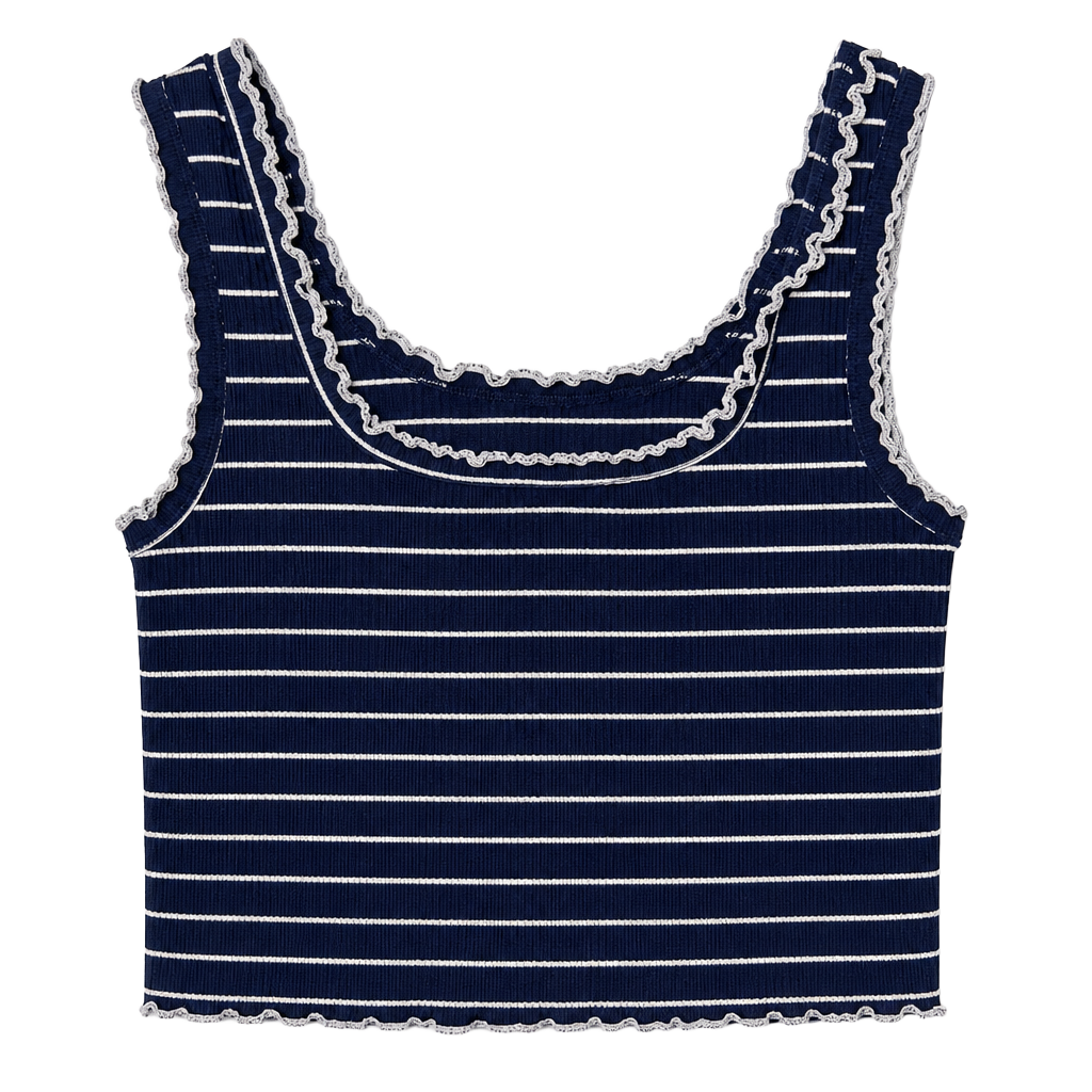 UNIONBAY Navy Blue and White Striped Ribbed Tank Top with Lettuce Edge Trim 1