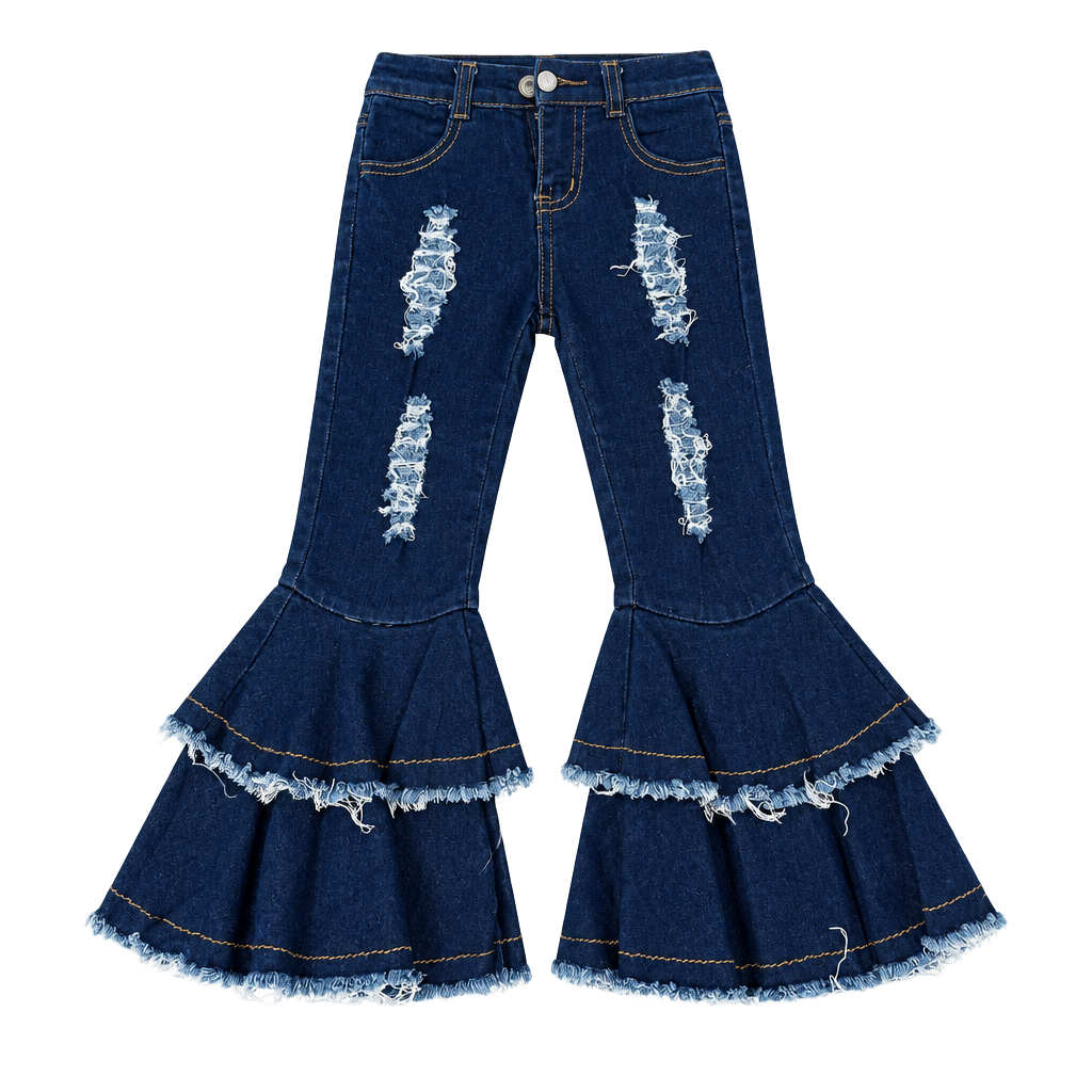 Unbranded Distressed Double Ruffle Bell Bottom Jeans Size 2T Dark Blue 1