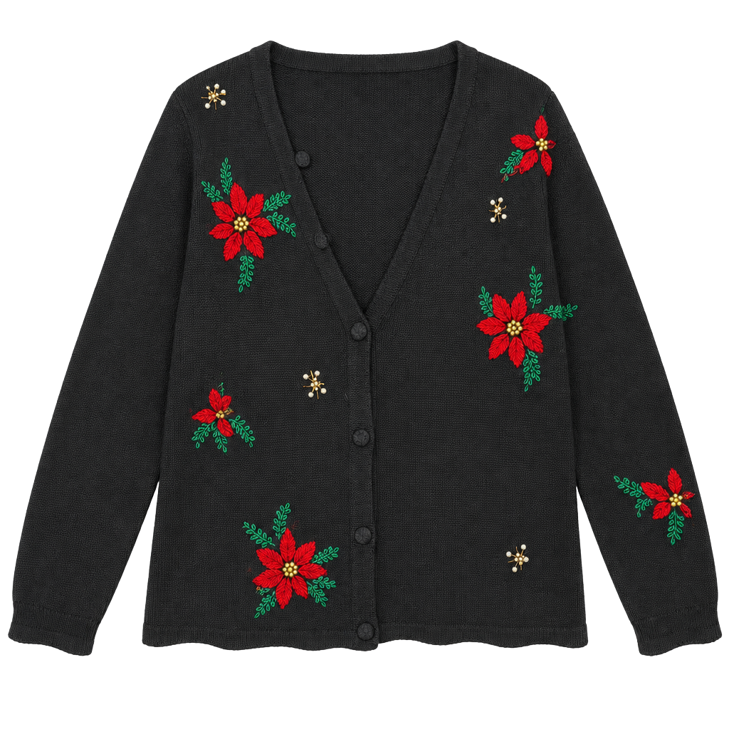 Vintage White Stag Embroidered Poinsettia Christmas Cardigan, Black, Size XL 1
