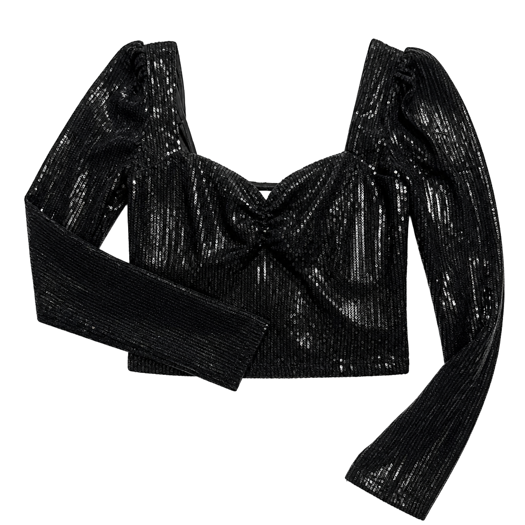 ASTR The Label Black Sequin Long Sleeve Sweetheart Crop Top - Size S 1