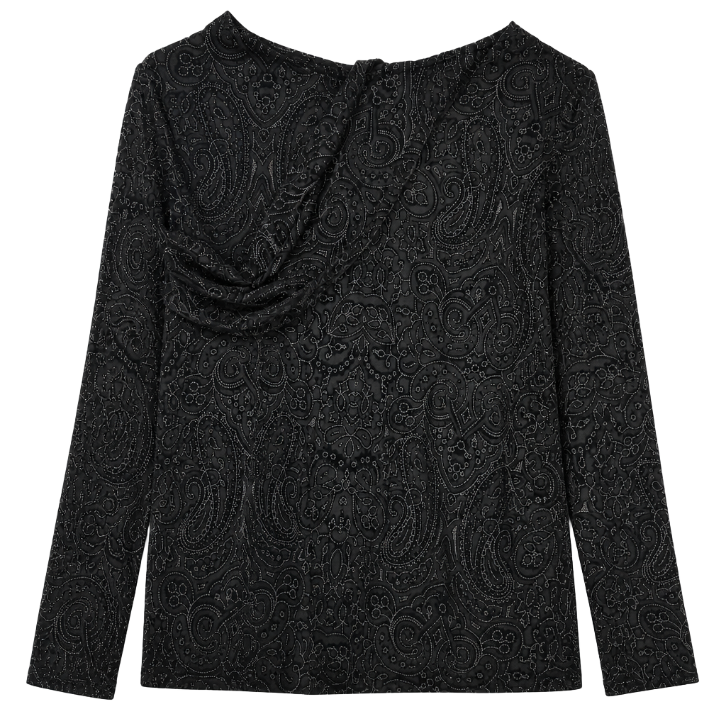 Vintage Dialogue Black Paisley Mesh Top, Ruched Sleeves, Size L — Goth Grunge 1