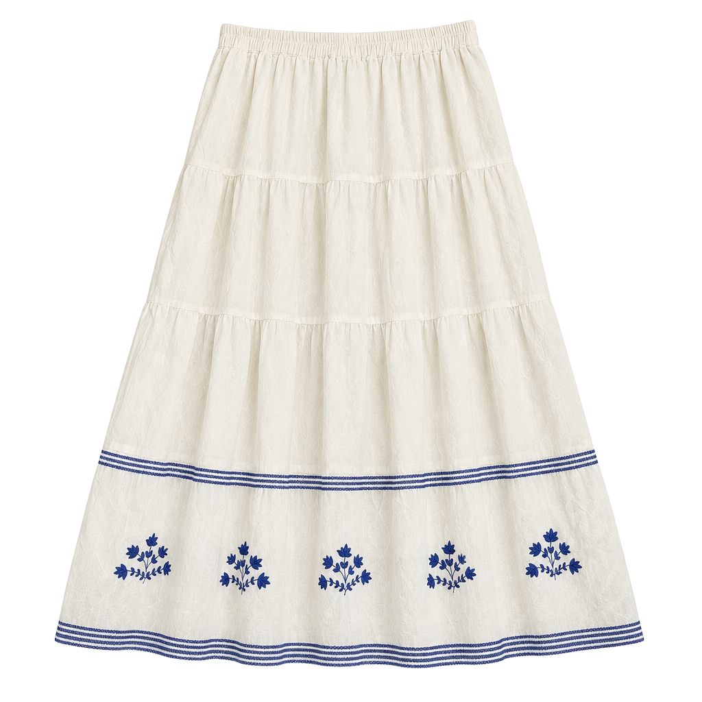 Pomegranate Tiered Midi Skirt Size L White Blue Embroidered 1