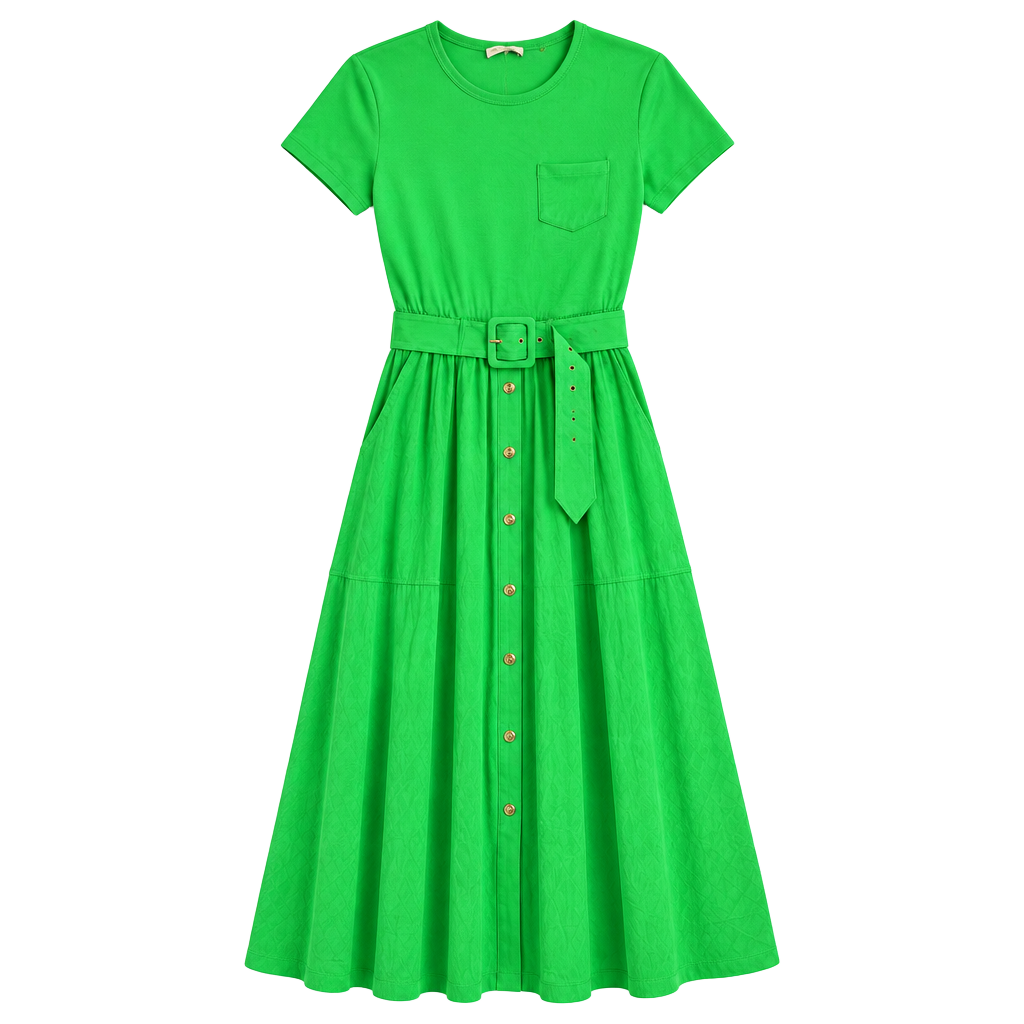 Ramy Brook Dress Size L Green Midi Belted Ribbed Short Sleeve 1