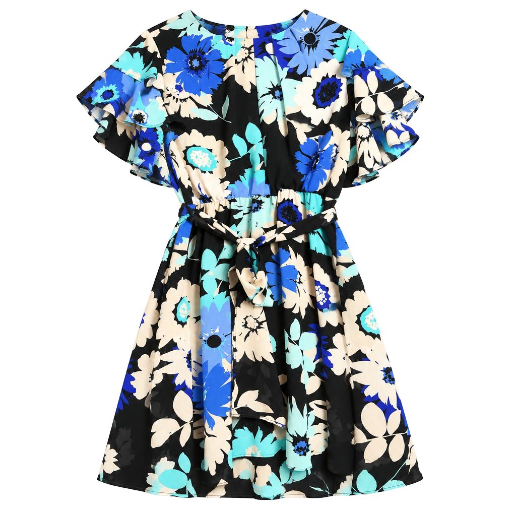Calvin Klein Floral Dress Size 12 Blue Black Chiffon 1