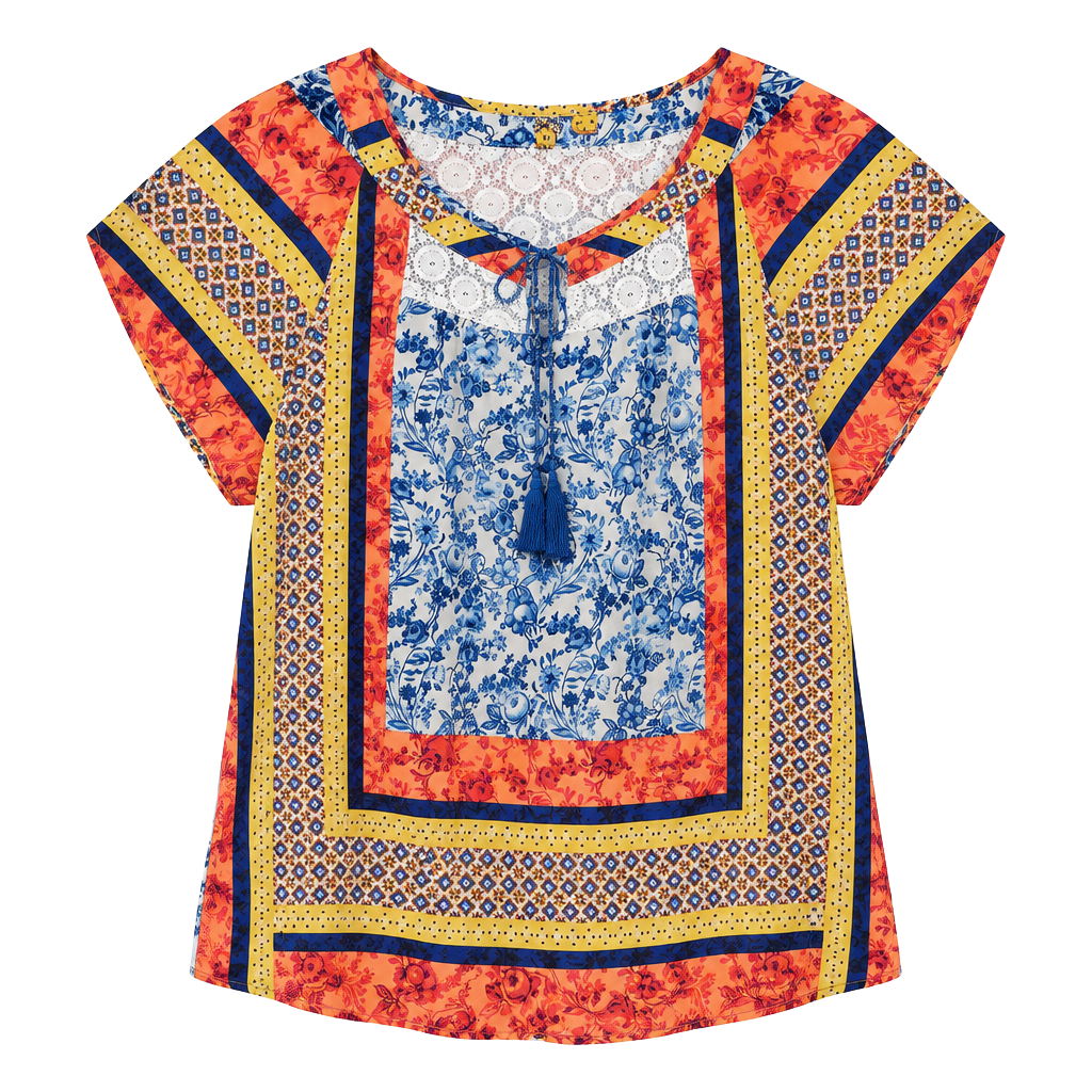 FIGUEROA&FLOWER Blouse Size M Multicolor Floral Patchwork Lace Tie 1