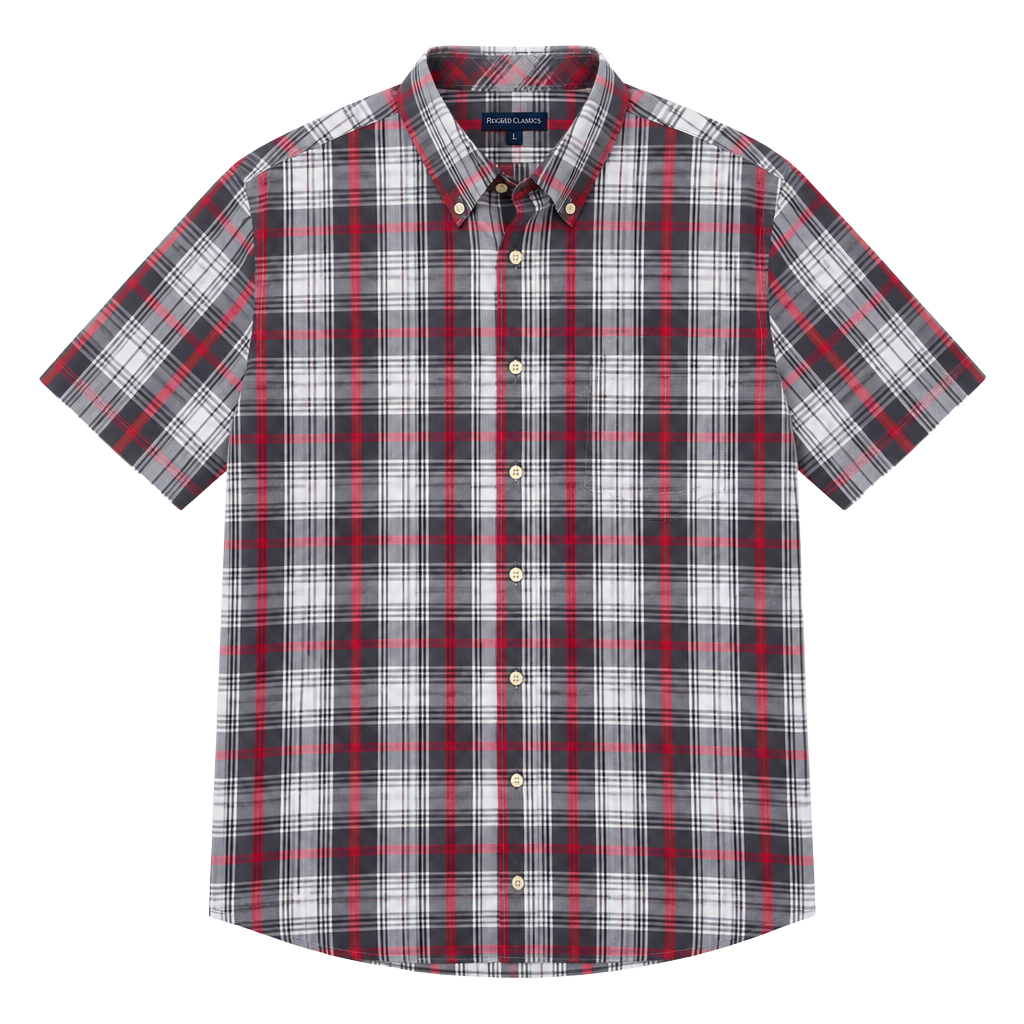 Faded Glory Short Sleeve Plaid Button-Up Shirt Red Gray 1