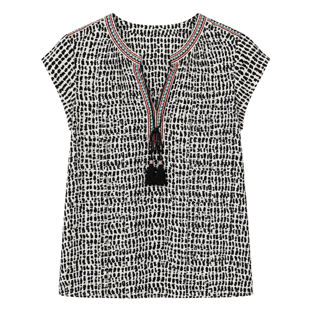 Daniel Rainn Embroidered Neck Blouse Size M Black White Print 1