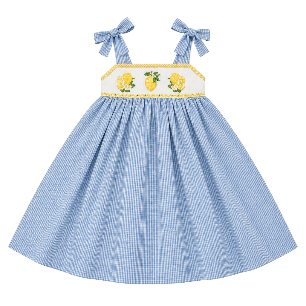 Lulu Bebe Blue Gingham Dress 24M with Bow Tie Details 1