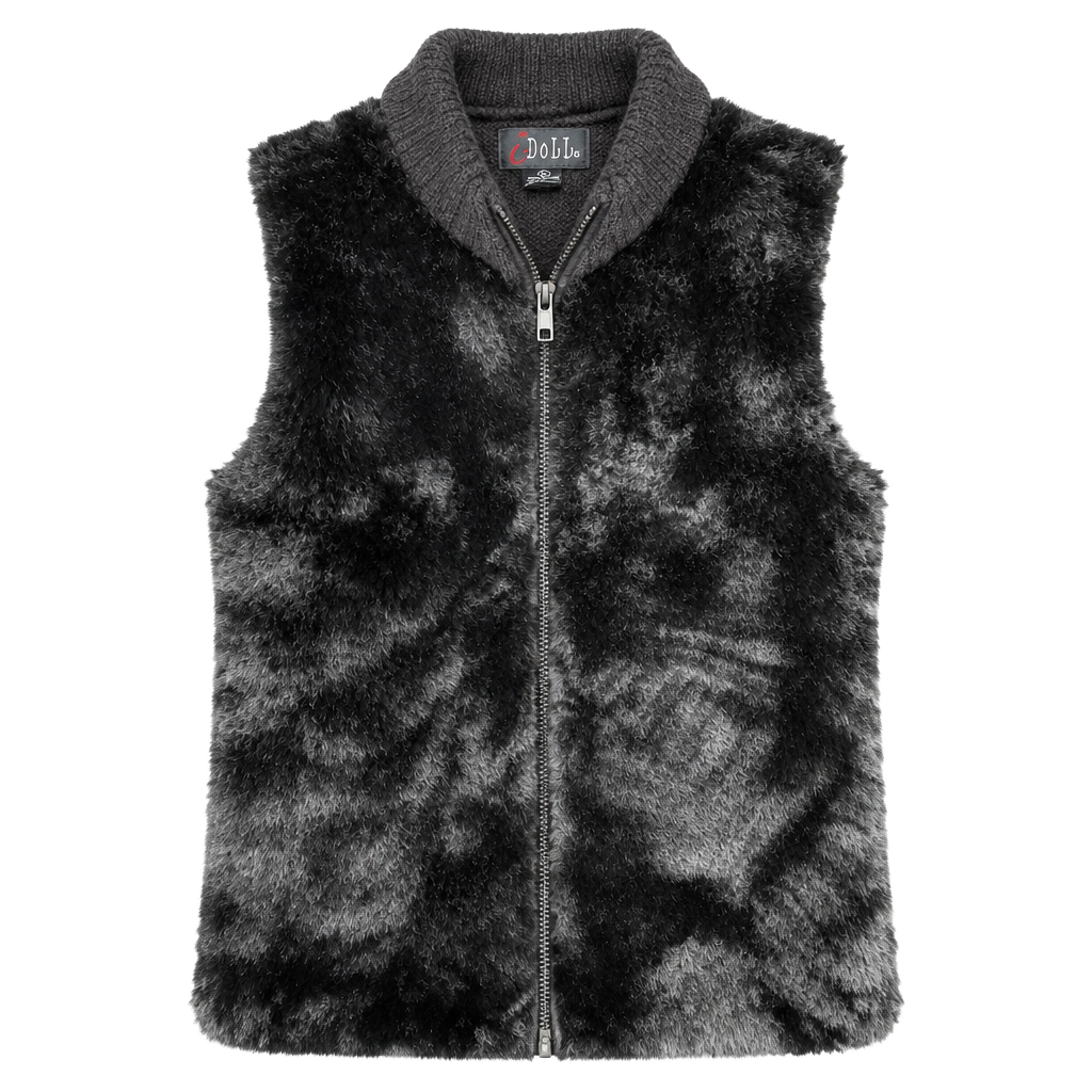 iDoll Faux Fur Y2K Vest Size L Black Full Zip Knit Collar 1